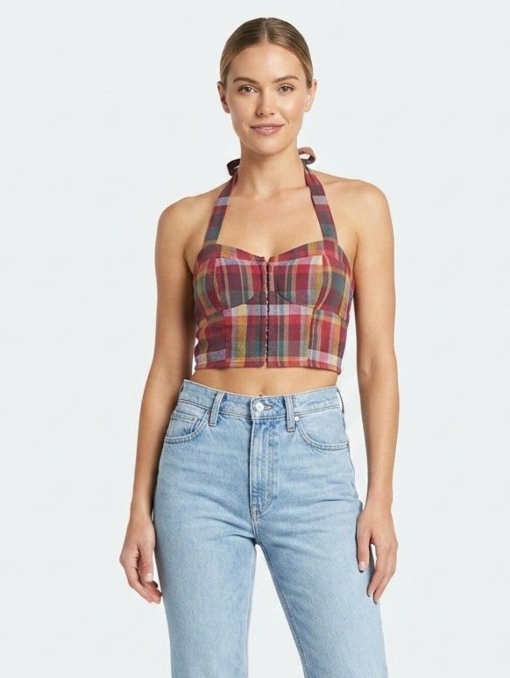 American Eagle Plaid Halter Bustier Crop Top Size M Cotton Linen Boho Y2K